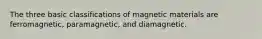 The three basic classifications of magnetic materials are ferromagnetic, paramagnetic, and diamagnetic.