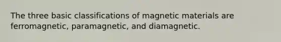 The three basic classifications of magnetic materials are ferromagnetic, paramagnetic, and diamagnetic.