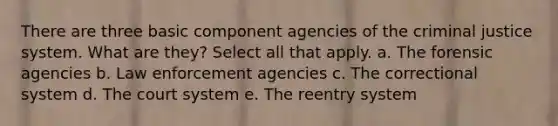 There are three basic component agencies of the criminal justice system. What are they? Select all that apply. a. The forensic agencies b. Law enforcement agencies c. The correctional system d. The court system e. The reentry system