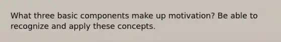 What three basic components make up motivation? Be able to recognize and apply these concepts.