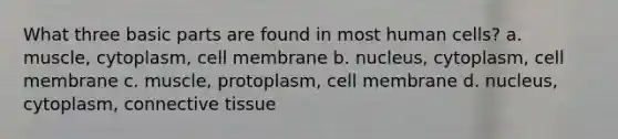 What three basic parts are found in most human cells? a. muscle, cytoplasm, cell membrane b. nucleus, cytoplasm, cell membrane c. muscle, protoplasm, cell membrane d. nucleus, cytoplasm, connective tissue