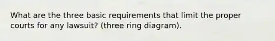 What are the three basic requirements that limit the proper courts for any lawsuit? (three ring diagram).