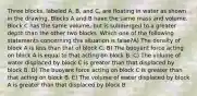 Three blocks, labeled A, B, and C, are floating in water as shown in the drawing. Blocks A and B have the same mass and volume. Block C has the same volume, but is submerged to a greater depth than the other two blocks. Which one of the following statements concerning this situation is false?A) The density of block A is less than that of block C. B) The buoyant force acting on block A is equal to that acting on block B. C) The volume of water displaced by block C is greater than that displaced by block B. D) The buoyant force acting on block C is greater than that acting on block B. E) The volume of water displaced by block A is greater than that displaced by block B.