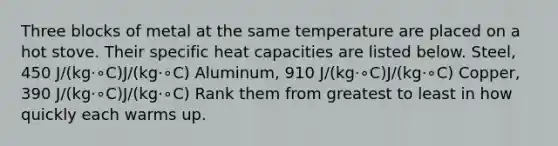 Three blocks of metal at the same temperature are placed on a hot stove. Their specific heat capacities are listed below. Steel, 450 J/(kg⋅∘C)J/(kg⋅∘C) Aluminum, 910 J/(kg⋅∘C)J/(kg⋅∘C) Copper, 390 J/(kg⋅∘C)J/(kg⋅∘C) Rank them from greatest to least in how quickly each warms up.