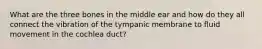 What are the three bones in the middle ear and how do they all connect the vibration of the tympanic membrane to fluid movement in the cochlea duct?