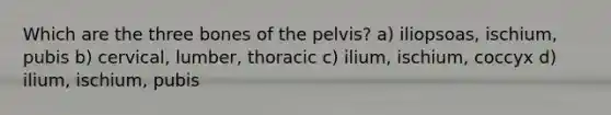 Which are the three bones of the pelvis? a) iliopsoas, ischium, pubis b) cervical, lumber, thoracic c) ilium, ischium, coccyx d) ilium, ischium, pubis