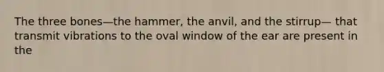 The three bones—the hammer, the anvil, and the stirrup— that transmit vibrations to the oval window of the ear are present in the