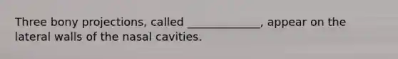 Three bony projections, called _____________, appear on the lateral walls of the nasal cavities.