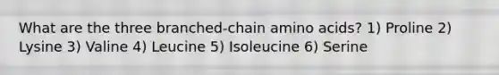 What are the three branched-chain amino acids? 1) Proline 2) Lysine 3) Valine 4) Leucine 5) Isoleucine 6) Serine