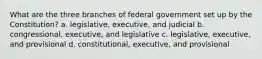 What are the three branches of federal government set up by the Constitution? a. legislative, executive, and judicial b. congressional, executive, and legislative c. legislative, executive, and provisional d. constitutional, executive, and provisional