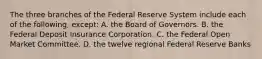 The three branches of the Federal Reserve System include each of the following, except: A. the Board of Governors. B. the Federal Deposit Insurance Corporation. C. the Federal Open Market Committee. D. the twelve regional Federal Reserve Banks