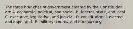 The three branches of government created by the Constitution are A. economic, political, and social. B. federal, state, and local. C. executive, legislative, and judicial. D. constitutional, elected, and appointed. E. military, courts, and bureaucracy.