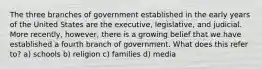 The three branches of government established in the early years of the United States are the executive, legislative, and judicial. More recently, however, there is a growing belief that we have established a fourth branch of government. What does this refer to? a) schools b) religion c) families d) media