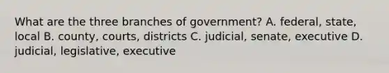 What are the three branches of government? A. federal, state, local B. county, courts, districts C. judicial, senate, executive D. judicial, legislative, executive