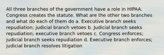 All three branches of the government have a role in HIPAA. Congress creates the statute. What are the other two branches and what do each of them do a. Executive branch seeks repudiation; judicial branch vetoes b. Judicial branch seeks repudiation; executive branch vetoes c. Congress enforces; judicial branch seeks repudiation d. Executive branch enforces; judicial branch resolves litigation