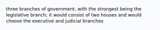 three branches of government, with the strongest being the legislative branch; it would consist of two houses and would choose the executive and judicial branches