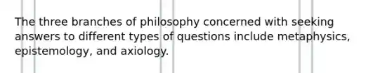 The three branches of philosophy concerned with seeking answers to different types of questions include metaphysics, epistemology, and axiology.