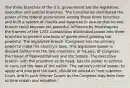 The three branches of the U.S. government are the legislative, executive and judicial branches. The Constitution distributed the power of the federal government among these three branches and built a system of checks and balances to ensure that no one branch could become too powerful. Influence by Montesquieu, the framers of the 1787 Constitution distributed power into three branches to prevent one body of government growing too powerful. The legislative branch (Congress) has the primary power to make the country's laws. This legislative power is divided further into the two chambers, or houses, of Congress: the House of Representatives and the Senate. The executive branch, with the president as its head, has the power to enforce or carry out the laws of the nation. The nation's judicial power, to apply and interpret the laws, should be vested in "one supreme Court, and in such inferior Courts as the Congress may from time to time ordain and establish."