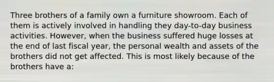 Three brothers of a family own a furniture showroom. Each of them is actively involved in handling they day-to-day business activities. However, when the business suffered huge losses at the end of last fiscal year, the personal wealth and assets of the brothers did not get affected. This is most likely because of the brothers have a: