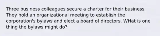 Three business colleagues secure a charter for their business. They hold an organizational meeting to establish the corporation's bylaws and elect a board of directors. WHat is one thing the bylaws might do?