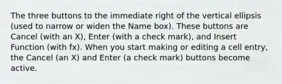 The three buttons to the immediate right of the vertical ellipsis (used to narrow or widen the Name box). These buttons are Cancel (with an X), Enter (with a check mark), and Insert Function (with fx). When you start making or editing a cell entry, the Cancel (an X) and Enter (a check mark) buttons become active.