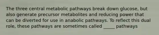 The three central metabolic pathways break down glucose, but also generate precursor metabolites and reducing power that can be diverted for use in anabolic pathways. To reflect this dual role, these pathways are sometimes called _____ pathways