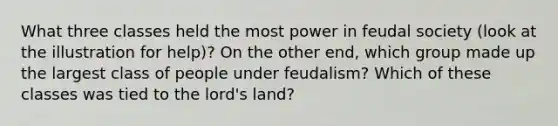 What three classes held the most power in feudal society (look at the illustration for help)? On the other end, which group made up the largest class of people under feudalism? Which of these classes was tied to the lord's land?