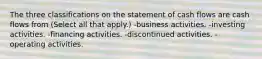 The three classifications on the statement of cash flows are cash flows from (Select all that apply.) -business activities. -investing activities. -financing activities. -discontinued activities. -operating activities.