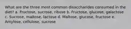 What are the three most common disaccharides consumed in the diet? a. Fructose, sucrose, ribose b. Fructose, glucose, galactose c. Sucrose, maltose, lactose d. Maltose, glucose, fructose e. Amylose, cellulose, sucrose