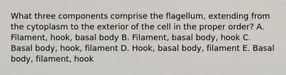 What three components comprise the flagellum, extending from the cytoplasm to the exterior of the cell in the proper order? A. Filament, hook, basal body B. Filament, basal body, hook C. Basal body, hook, filament D. Hook, basal body, filament E. Basal body, filament, hook