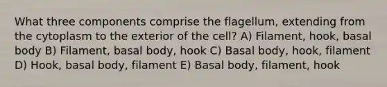 What three components comprise the flagellum, extending from the cytoplasm to the exterior of the cell? A) Filament, hook, basal body B) Filament, basal body, hook C) Basal body, hook, filament D) Hook, basal body, filament E) Basal body, filament, hook