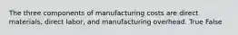 The three components of manufacturing costs are direct materials, direct labor, and manufacturing overhead. True False