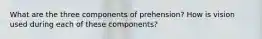 What are the three components of prehension? How is vision used during each of these components?