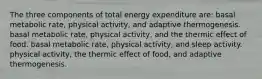 The three components of total energy expenditure are: basal metabolic rate, physical activity, and adaptive thermogenesis. basal metabolic rate, physical activity, and the thermic effect of food. basal metabolic rate, physical activity, and sleep activity. physical activity, the thermic effect of food, and adaptive thermogenesis.