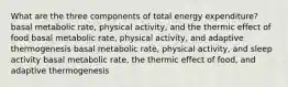 What are the three components of total energy expenditure? basal metabolic rate, physical activity, and the thermic effect of food basal metabolic rate, physical activity, and adaptive thermogenesis basal metabolic rate, physical activity, and sleep activity basal metabolic rate, the thermic effect of food, and adaptive thermogenesis