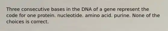 Three consecutive bases in the DNA of a gene represent the code for one protein. nucleotide. amino acid. purine. None of the choices is correct.