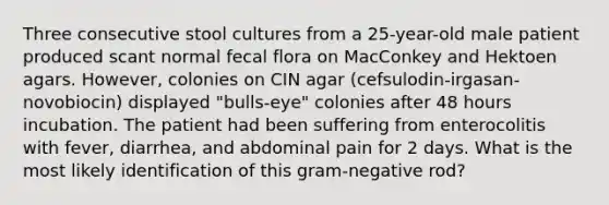 Three consecutive stool cultures from a 25-year-old male patient produced scant normal fecal flora on MacConkey and Hektoen agars. However, colonies on CIN agar (cefsulodin-irgasan-novobiocin) displayed "bulls-eye" colonies after 48 hours incubation. The patient had been suffering from enterocolitis with fever, diarrhea, and abdominal pain for 2 days. What is the most likely identification of this gram-negative rod?