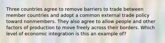 Three countries agree to remove barriers to trade between member countries and adopt a common external trade policy toward nonmembers. They also agree to allow people and other factors of production to move freely across their borders. Which level of economic integration is this an example of?