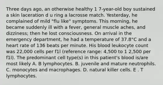 Three days ago, an otherwise healthy 1 7-year-old boy sustained a skin laceration d u ring a lacrosse match. Yesterday, he complained of mild "flu like" symptoms. This morning, he became suddenly ill with a fever, general muscle aches, and dizziness; then he lost consciousness. On arrival in the emergency department, he had a temperature of 37.8°C and a heart rate of 136 beats per minute. His blood leukocyte count was 22,000 cells per f1l (reference range: 4,500 to 1 2,500 per f1l). The predominant cell type(s) in this patient's blood is/are most likely A. B lymphocytes. B. juvenile and mature neutrophils. C. monocytes and macrophages. D. natural killer cells. E . T lymphocytes.