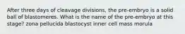 After three days of cleavage divisions, the pre-embryo is a solid ball of blastomeres. What is the name of the pre-embryo at this stage? zona pellucida blastocyst inner cell mass morula