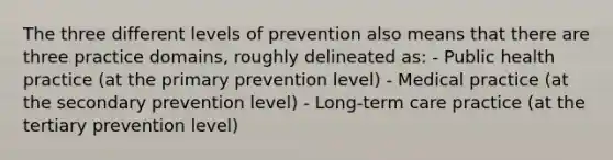 The three different levels of prevention also means that there are three practice domains, roughly delineated as: - Public health practice (at the primary prevention level) - Medical practice (at the secondary prevention level) - Long-term care practice (at the tertiary prevention level)