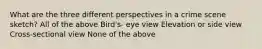 What are the three different perspectives in a crime scene sketch? All of the above Bird's- eye view Elevation or side view Cross-sectional view None of the above