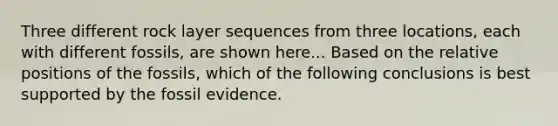 Three different rock layer sequences from three locations, each with different fossils, are shown here... Based on the relative positions of the fossils, which of the following conclusions is best supported by the fossil evidence.