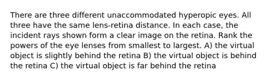 There are three different unaccommodated hyperopic eyes. All three have the same lens-retina distance. In each case, the incident rays shown form a clear image on the retina. Rank the powers of the eye lenses from smallest to largest. A) the virtual object is slightly behind the retina B) the virtual object is behind the retina C) the virtual object is far behind the retina