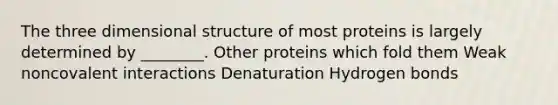 The three dimensional structure of most proteins is largely determined by ________. Other proteins which fold them Weak noncovalent interactions Denaturation Hydrogen bonds