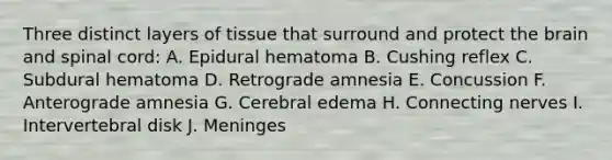 Three distinct layers of tissue that surround and protect the brain and spinal cord: A. Epidural hematoma B. Cushing reflex C. Subdural hematoma D. Retrograde amnesia E. Concussion F. Anterograde amnesia G. Cerebral edema H. Connecting nerves I. Intervertebral disk J. Meninges