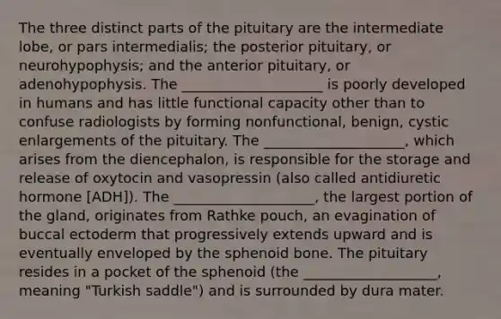 The three distinct parts of the pituitary are the intermediate lobe, or pars intermedialis; the posterior pituitary, or neurohypophysis; and the anterior pituitary, or adenohypophysis. The ____________________ is poorly developed in humans and has little functional capacity other than to confuse radiologists by forming nonfunctional, benign, cystic enlargements of the pituitary. The ____________________, which arises from the diencephalon, is responsible for the storage and release of oxytocin and vasopressin (also called antidiuretic hormone [ADH]). The ____________________, the largest portion of the gland, originates from Rathke pouch, an evagination of buccal ectoderm that progressively extends upward and is eventually enveloped by the sphenoid bone. The pituitary resides in a pocket of the sphenoid (the ___________________, meaning "Turkish saddle") and is surrounded by dura mater.