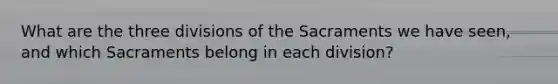 What are the three divisions of the Sacraments we have seen, and which Sacraments belong in each division?