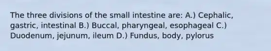 The three divisions of <a href='https://www.questionai.com/knowledge/kt623fh5xn-the-small-intestine' class='anchor-knowledge'>the small intestine</a> are: A.) Cephalic, gastric, intestinal B.) Buccal, pharyngeal, esophageal C.) Duodenum, jejunum, ileum D.) Fundus, body, pylorus