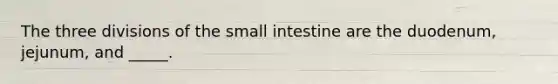 The three divisions of <a href='https://www.questionai.com/knowledge/kt623fh5xn-the-small-intestine' class='anchor-knowledge'>the small intestine</a> are the duodenum, jejunum, and _____.